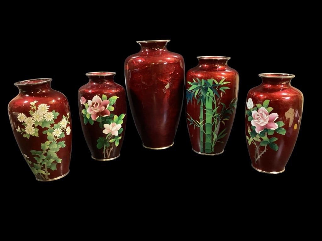 Five Japanese Ginbari Akasuke Vases (1 of 7)