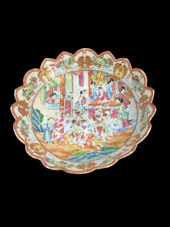 Famille Rose Porcelain Bowl: Famille Rose Mandarin Dish, depicting a Mandarin scene, 11 inch diameter with a scalloped edge, hand decorated with outer rim florals