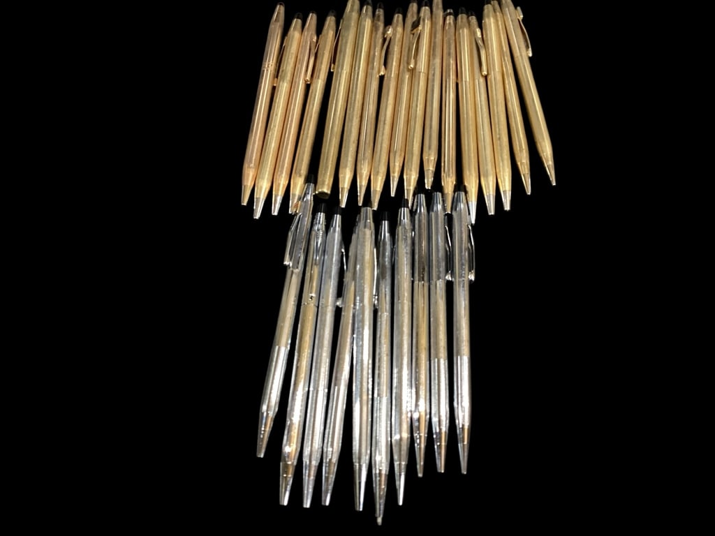 Collection of Cross Pens, Pencils: 27 Pieces, Some In Silver Tone And Gold Tone