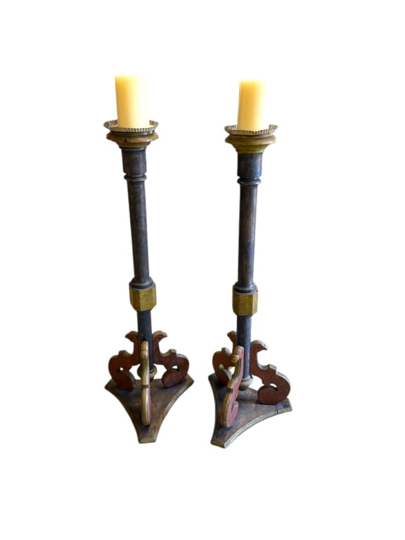 Pair Of Italian Pricket Candle stands: Late 19th C, Original paint, good overall condition, 50 tall x 26 wide x 17 deep