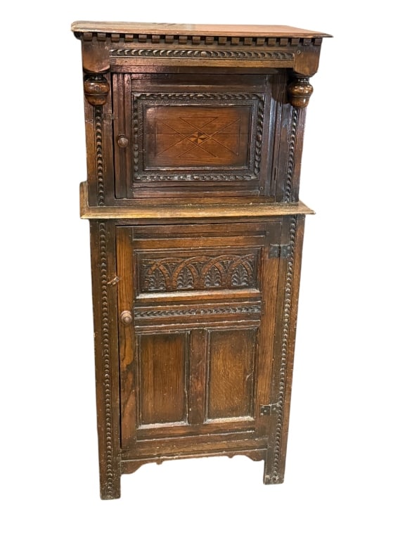 Diminutive British Court Cupboard: Early 29th C, Carved Oak, acorn drop finials, geometric inlay 55 tall x 26 wide x 15 deep