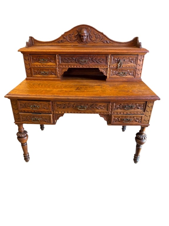French Henri II Carved Oak Desk: Late 19thC , Traditional carving, 10 hand dovetailed drawers, 52 tall to back, 31 to writing surface x 52 wide x 28 deep