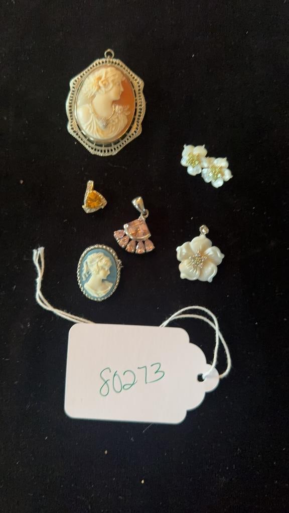 Cameo & 1920s vintage jewelry: Matching peridot & MOP floral earrings 2 topaz pendants 1 bone cameo with gold & diamond necklace 1 blue & white ceramic cameo All 925, except cameo gold