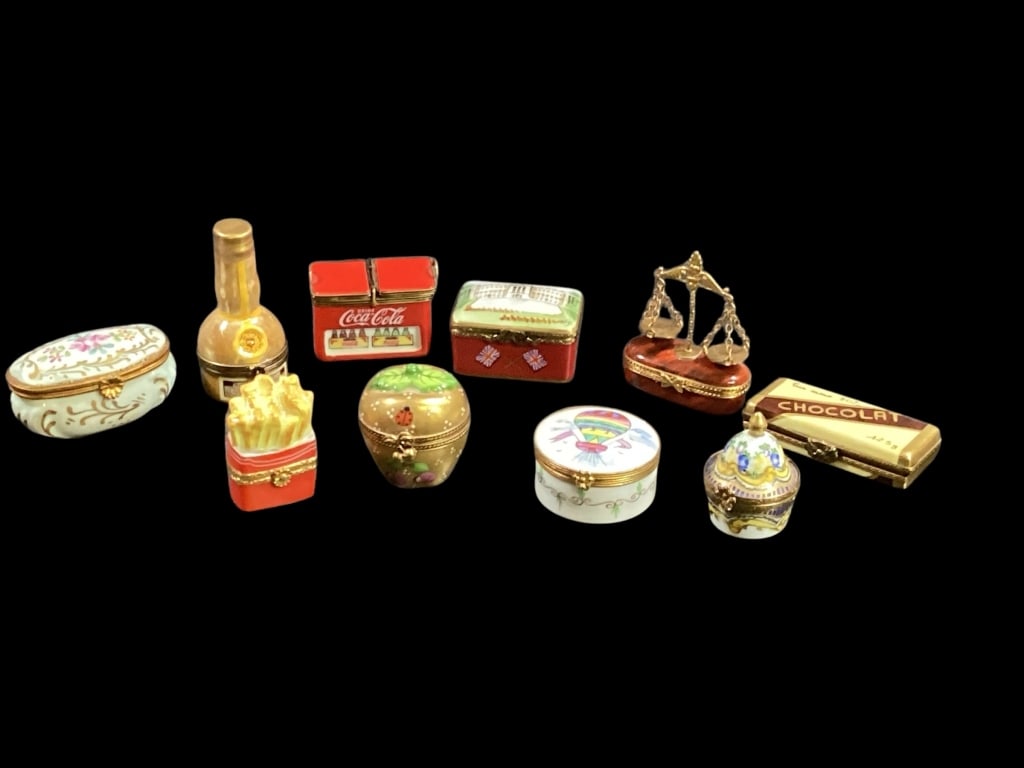 Ten Limoge Trinket Boxes: Varied designs include VpCoca Cola cooler, box of chocolates, scales, Wine bottle, French Fries, Apple, hot air balloon, ..all marked