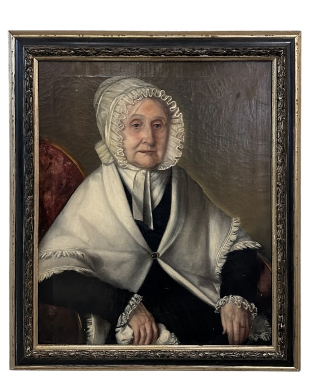 19th Century Portrait on Canvas: Mid 19th century, American school, oil on canvas, no visible signature, unidentified sitter, sight 29 x 24 in., parcel gilt frame..canvas stretched and stapled, surface dust, craquelure, stretcher mar