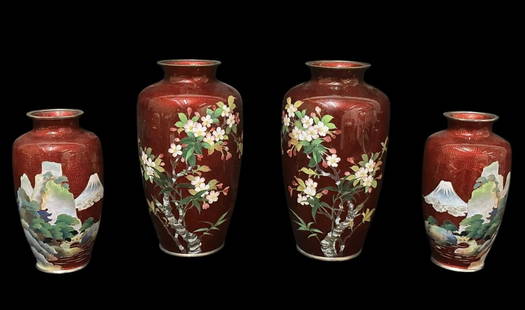 Two Pairs of Japanese Ginbari Cloisonne Vases: Larger with prunus branches on a red foil ground embossed with birds and bamboo, unmarked; smaller with a mountain landscape and Fuji on a red foil ground embossed with birds and bamboo, base rims sta