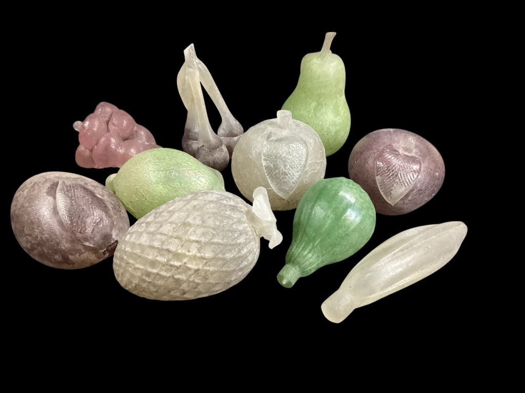 Murano Scavo Art Glass Fruits: Collective Group of Art Glass Fruits in Scavo Corrosso finish. Attributed to Napoleon Martinizzi. 10 pieces to include apple, banana, pear, eggplant , lemon. Cherries