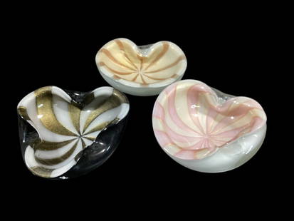Three Murano Art Glass Bowls: Alfredo Barbini Circus Tent Bowls, 5.5 and 6 inches…black, white and gold fleck…peach pink with white and gold fleck, and a gold and cream bowl..