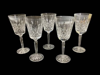Waterford Crystal Goblets: Set of Five Lismore Waterford Crystal Goblets, at 8.5 inches tall.