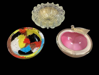 MCM Art Glass: 3 pieces…Dino Martens for Aureliano Toso, 6 inch pinwheel patchwork bowl, multi colors, 6.5 inch Barovier and Toso Murano bowl,..heavy glass with encased bubbles, gold flecks..6 inch Seguso Murano A