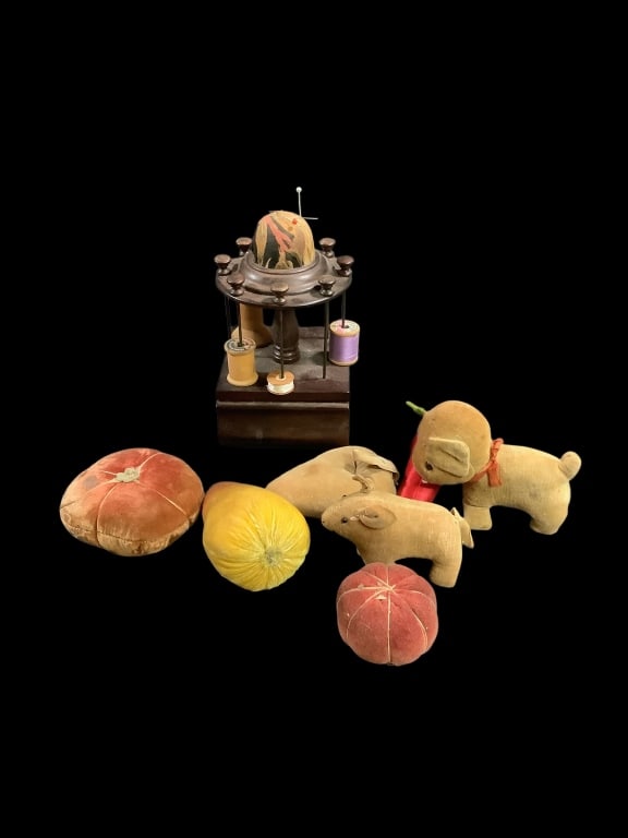 Victorian Sewing Caddy, Vintage Pin Cushions (1 of 5)