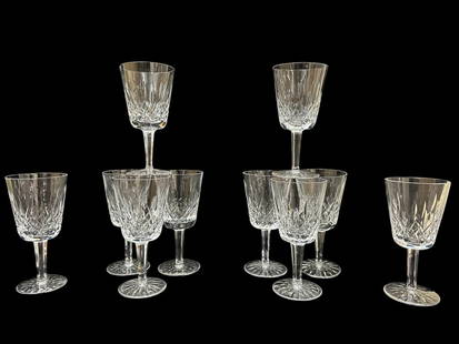 Waterford Crystal Water Goblets: Set of 10 Waterford Crystal Water Goblets, Lismore pattern, 7 inches tall, acid marked on bases..good condition overall, light surface grime, no sign of dishwasher wear