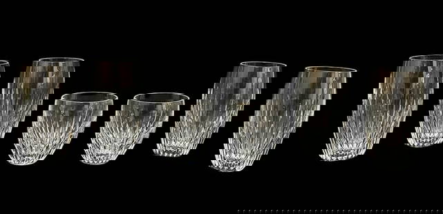 Six Baccarat Crystal Glasses: Massena pattern, 4x highball glasses at 5 inches tall, 2x tumblers at 3.75 inches tall, acid etched marks to all..good condition overall, light surface scratches but no evidence of dishwasher wear