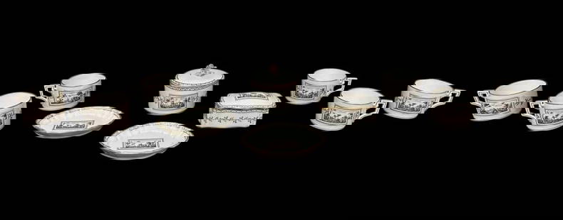 Ten Richard Ginori Italian Porcelain Dishes: In the Fiesole pattern, charming hand painted landscape scenes, including: 2 lidded trinket boxes, 2 catchall/ring dishes, 6 cups (no saucers), all are marked..light rubbing to gilt accents, small chi