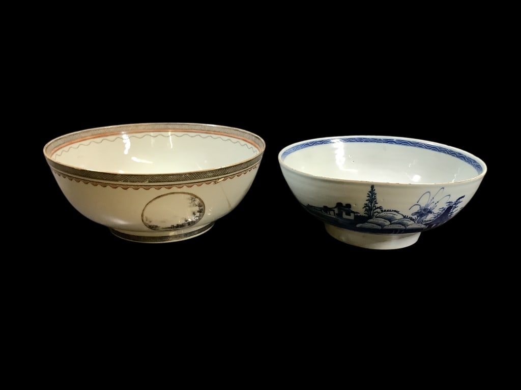 Export Porcelain Punch Bowls: Large 11.5 inch bowl with scenes in circular profiles, Greek key banded base rim, cross hatch and rope banded ( old crack/repair), 10 inch blue and white footed punch bowl with decorative scenes to ex