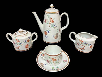 Mottahedeh Vista Alegre Coffee Service for Seven: Historic Charleston Reproductions, pattern is Ashley, with butterflies and flowers on a light celadon ground, all marked on bases, including: 9 inch coffee pot, lidded sugar and creamer, 7 flat cup/sa