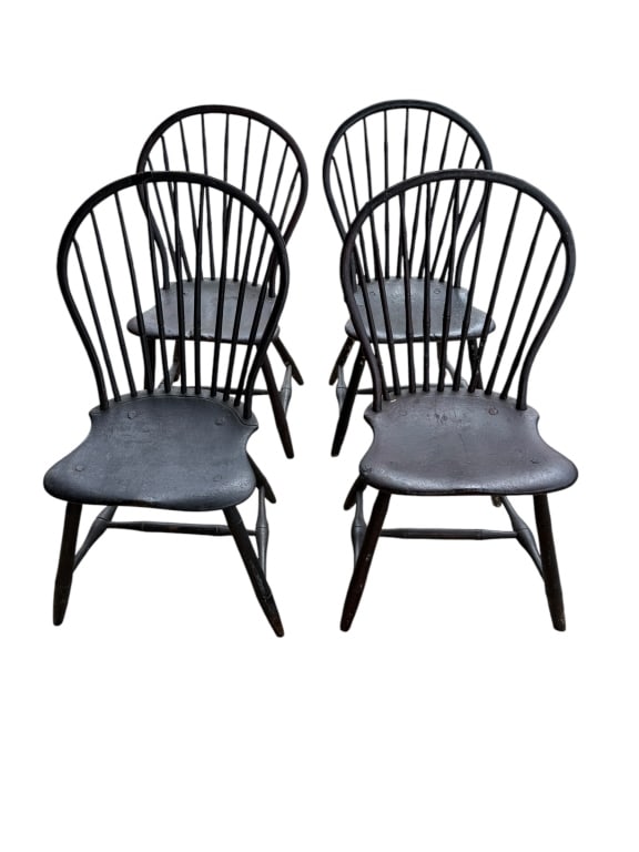 4 Early Hoop Back Windows: Mid 19th C, near matching, several coats of red and black paint, 1 hoop as split, several old repairs,