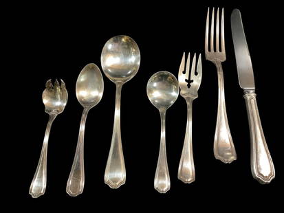 Reed and Barton Sterling Silver Flatware: 115 pieces Hepplewhite pattern to include: 12 each soup spoons @7, forks @7, dessert forks @ 6, bullion spoons @5 1/4, terrapin ice cream spoons@ 5, 8 forks@ 8 inches, 17 spoons @ 6 inches, 30 place k