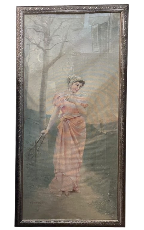 Antique Hand Painted Textile in Frame: Late 19th/early 20th century, signed at lower left, depicting well dressed lady on. Nature walk at dusk, sight 63 x 29 in., under plexiglass in composition frame..toning and fading to fabric, foxing a
