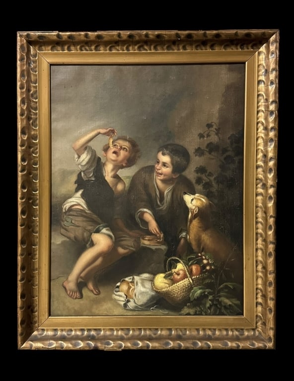 Boys Eating Grapes and Melons, after Murillo: Late 19th/early 20th century, after original work by Bartolome Esteban Murillo (Spanish, 1617-1682), oil on canvas, unsigned, sight 31 x 23 in., gilt wood and composition frame.. surface dirt, craquel