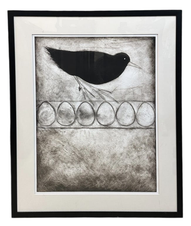 Monoprint With Crow and Eggs, Ronna Katz: New Mexico, Late 20th/21st century, monoprint on paper, signed and numbered 1/1 in gold lower left, embossed hand in box lower right, sight 40 x 31 in., matted under plexiglass in modern black frame..