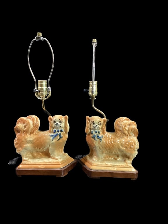 Pair Staffordshire Pekingese Dog Lamps (1 of 5)