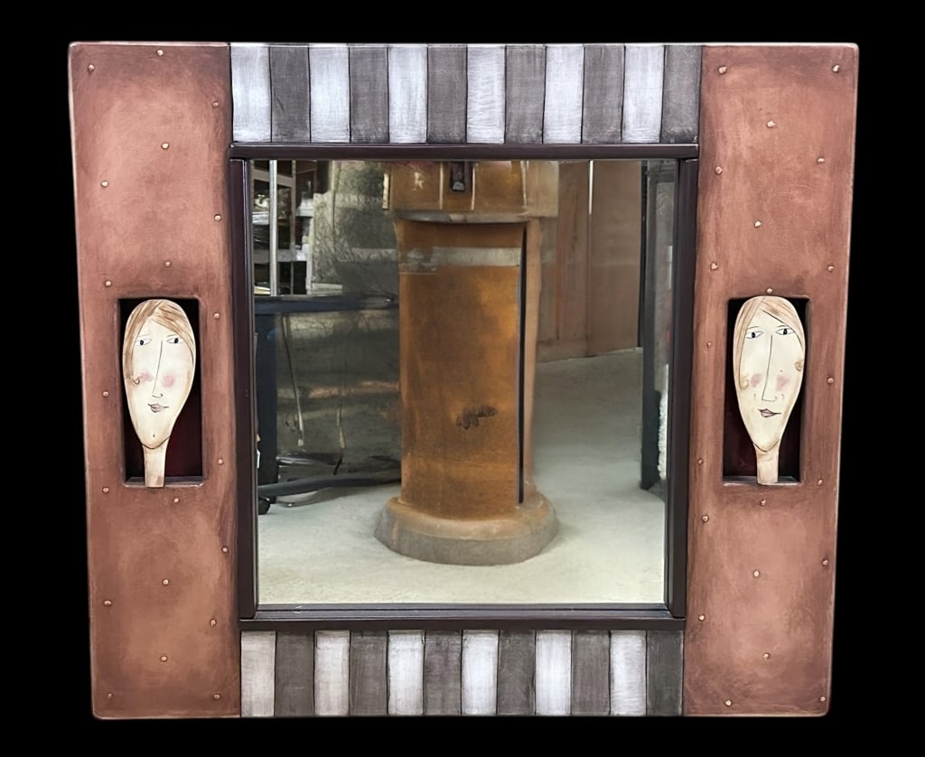 Limited Edition Avner Zabari Mirror: Contemporary mirror by Avner Zabari, flanked by smiling faces, signed Zabari and numbered 9/25 on side panel, some rubbing and paint loss to surface, 36H x 40W x 3D inches Line Item # 27