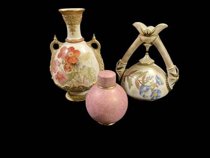 Royal Worcester Vases: Blush Ivory 9 inch vase with enameled florals, diminutive handles, #1553, punk and gold Potpourri bottle, 5 inches tall, #1030, 7.5 inch double Spout vase, unusual form, bamboo branches, #1090 green s