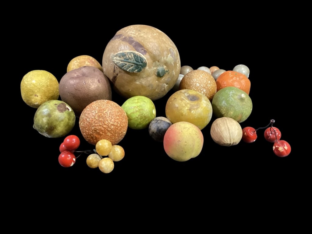 Collection of Stone Fruit and Similar: Largest item is Chalkware peach, stone fruits include lemons, oranges, walnut, apple, grapes, cherries..one peach is chalk Line Item # 95