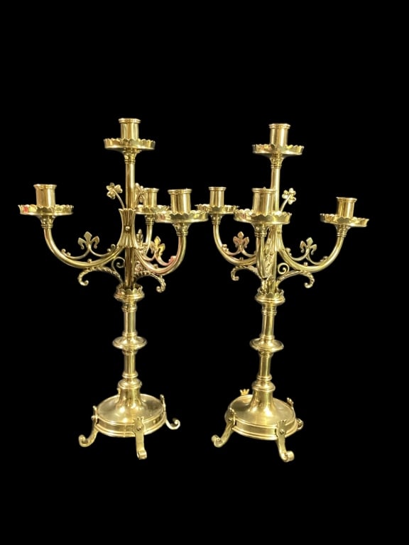 Pair Gorham Brass Candleabra: Four light Candleabra by Gorham,style #G V 221, 18 inches tall,shaped columns with scrolled feet, clover and foliate decoration to curved arms Line Item # 54