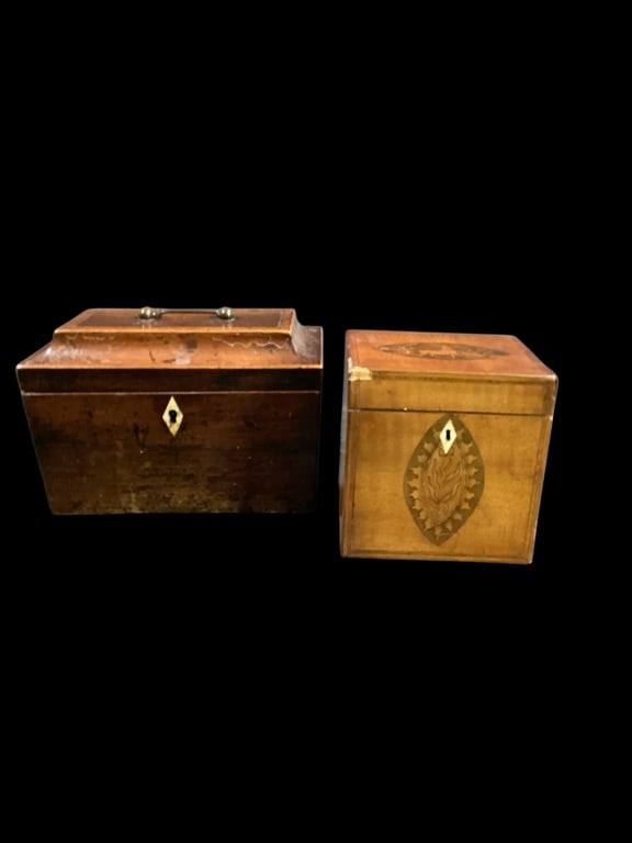 Two Antique Tea Caddies: Casket shaped Tea Caddy with satinwood inlay, bone escutcheon and diminutive handle, two interior sections ( no lids) 2? late 18th century single tea box, mahogany with inlay ovals featuring deer with