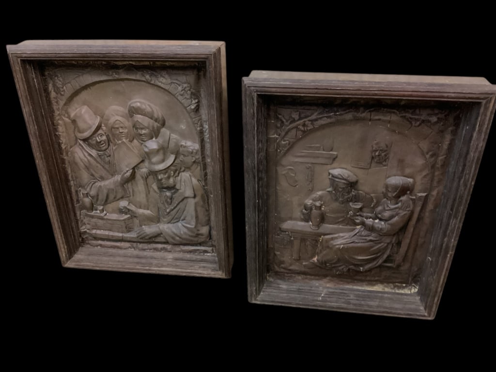 Pair Antique Tin Work Wall Art Plaques (1 of 5)