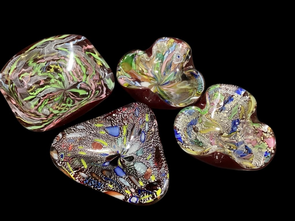 Murano Tutti Fruiti Bowls: 8 inch ruby cased, with ribbon swirls, two at 6 inches, 8 inch triangle Dino Marten for Murano