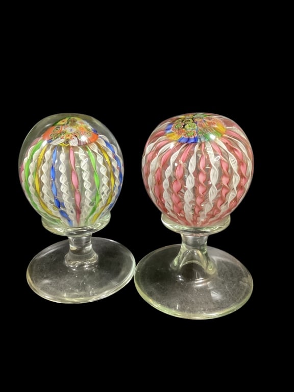 Murano Art Glass Paperweights: Fratelli Toso Millefiori Crown Zanfirico Latticino pedestal Paperweights, ..multicolor ribbons, and pink and white
