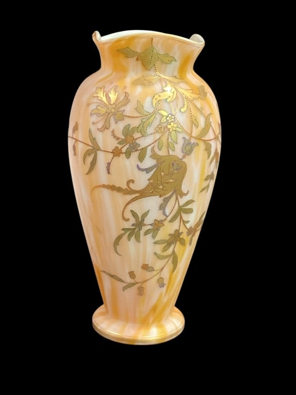 Art Nouveau Satin Glass Vase: 10 inch tall vase, cameo style with applied gilt florals, multi layered, marked with style # 125, V 536