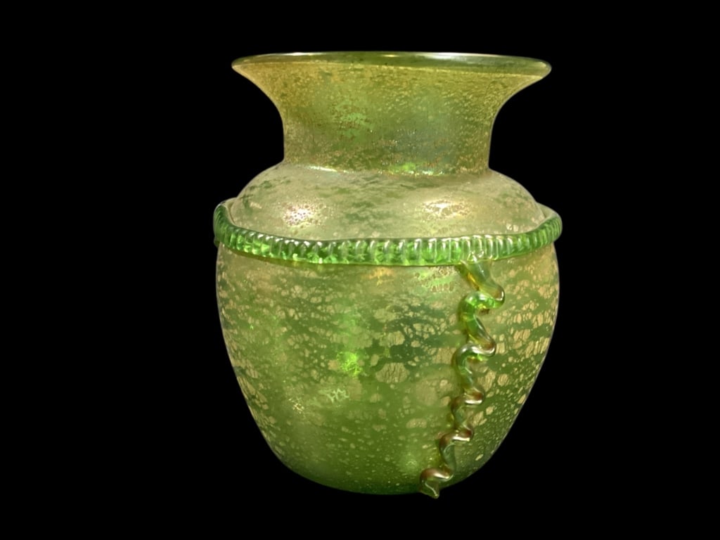 Loetz Diana Cisele Vase: Art Nuveau styled vase, in textured surface with applied Diana Green spotting. 7 x 6.5 inches vase, bulbous with applied glass ribbons, and collar. Smooth inverted pontil. Beautiful color, circa 1900.