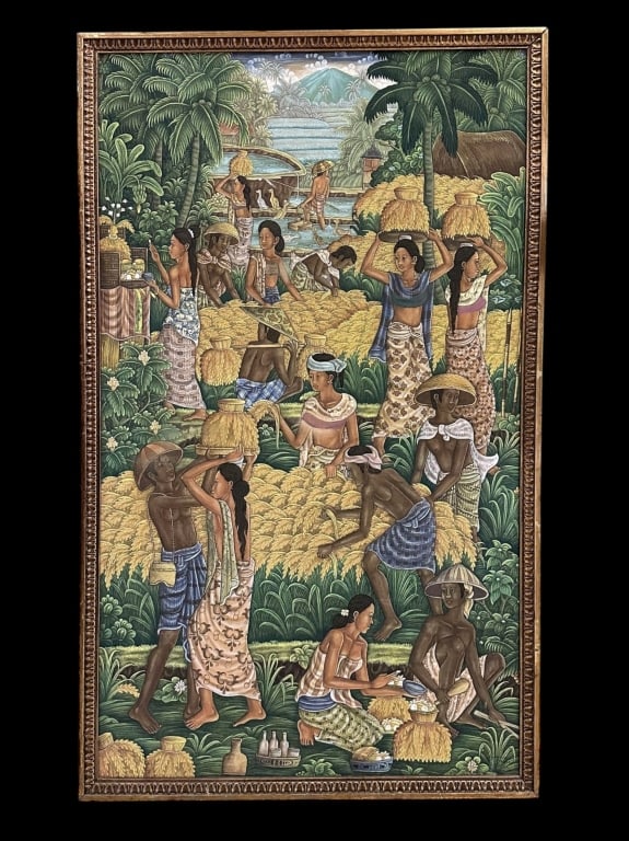 Balinese School Painting on Fabric: 20th century, gouache on fabric, signed lower right: Ny. Soeasa / P. Tegal / Bud Bali, sight 49 x 29 in., gilt composition frame..good condition overall, yellowing to fabric verso, frame with wear..DO