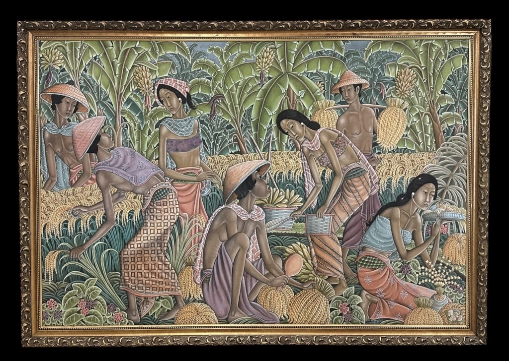 Monumental Balinese Ubud Painting: 20th century, gouache on fabric, signed lower right, sight 53 x 78 in., gilt wood and composition frame..good condition overall, surface dust, frame with scratches and wear..DOA: 60H x 85W x 3D inches