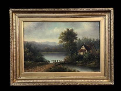 English Landscape with Cottage, O. T. Clark: Octavius Thomas Clark (1850-1921)..oil on canvas on panel, signed lower right, sight 15.5 x 23.5 in., period frame with gold repaint..surface grime, flattered abrasions, bubbling to surface center lef