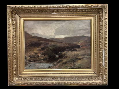 19th Century English Landscape Painting: Mid to late 19th century, oil on canvas, signed lower right, identification label on stretcher verso, sight 11 x 15 in., gilt gesso frame..surface grime, stretcher marks, frame with wear and loss, or