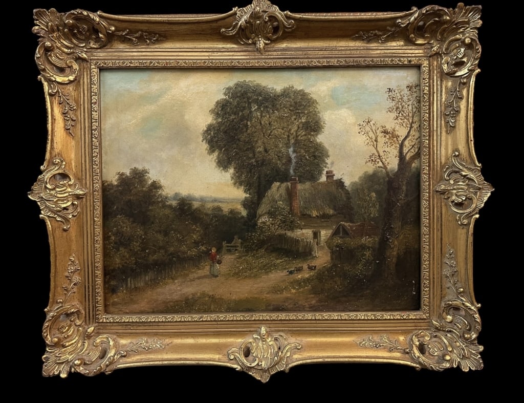 Landscape with Thatched Roof Cottage: Mid 19th century, oil on canvas, no visible signature, sight 13.5 x 17.5 in., Giltwood frame..surface dirt, yellowed varnish, craquelure, stretcher marks, frame with light wear, not examined out of fr