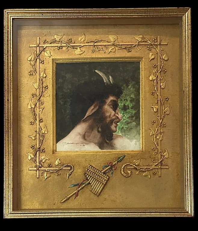 Satyr Watercolor in Shadowbox Frame: Likely a depiction of Pan, signed D. Z. Stathopolous and dated 7-90 lower left (1890), 1952 and 1992 notations on verso, sight 9?x 8.5 in., elaborate gilt liner with pan flute and ivy swag..toning and