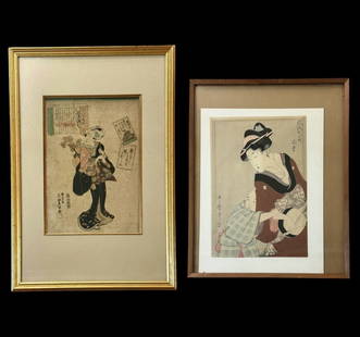 Two Framed Japanese Woodblock Prints: Kitagawa Utamaro (1753-1806), shamisen player and child, toning line from prior matting, currently loose in frame, sheet size 13 x 10 inches..Utagawa Kunisada/Tokoyuni III (1786-1864), Sarumaru-dayu,