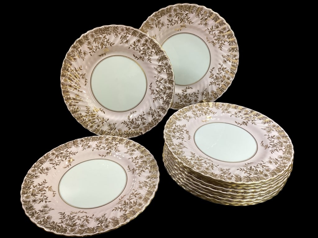 Minton China Plates: Set of 12, Pattern is Garden Pinks. 10.5 inch plates, wide banded pink floral with gilt. Line Item # 119