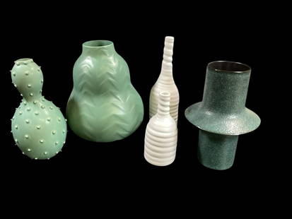 Jonathan Adler MCM Vases: Five Variations. Double Gourd Hobnail in matte green. Large Bulbous Verticle leaf design in green, Lave pebble finish with space ship, pair matte white bud vases.