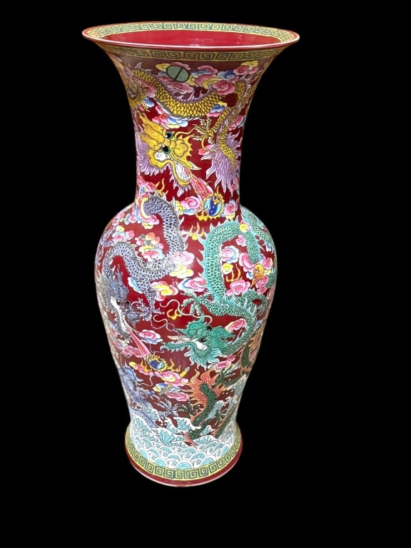 Monumental Chinese Qianlong Style Vase: Multi colored dragon design, 45.5 tall x17.5 diameter at mouth,