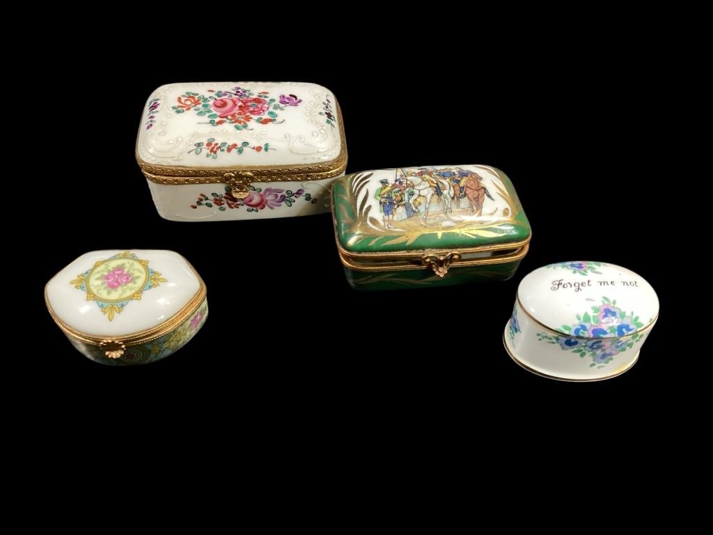 Limoges and Staffordshire Trinket Boxes: 4 inch hinged lid box with scene of Napoleon on white horse, gilt closure, 5 inch hinged lid box, with applied enameling, hand painted floral, small 3 inch box with floral, Staffordshire Forget Me Not