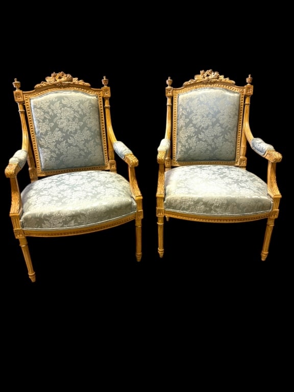 Pair Carved Louis XVI Open Armchairs (1 of 5)