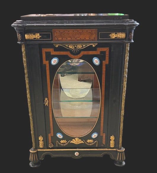 Nepoleon III Inlaid Cupboard: Early 20th C, porcelain medallions, brass ormolu mounts, partial gilt decoration, 37.5 tall x 27 wide x 16 deep, with interior light