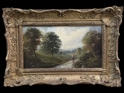 Country Landscape with Walking Figure: Late 19th/Early 20th century, oil on panel, no visible signature, R. H. Macy & Co label on verso, sight 7 x 13 in., floral giltwood frame..surface dirt, light abrasions, not examined out of frame..DOA